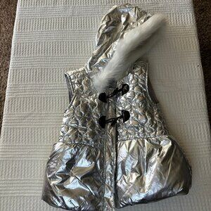 Silver Metallic Puffer Hoodie Vest Girls White Faux Fur Trim - Size 4T